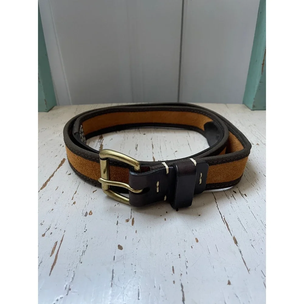 Bills Khakis Mens Brown Leather Tan Suede Canvas Trim Belt Brass Buckle Size 42